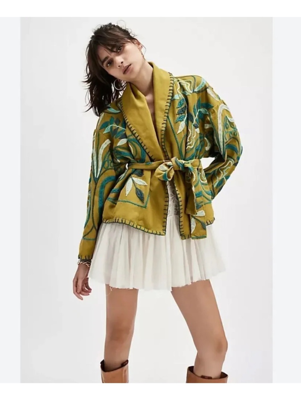 Free People Embroidered Wrap Jacket Green & Blue Medium